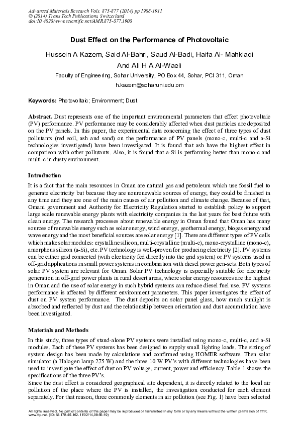 (PDF) Dust Effect on the Performance of Photovoltaic