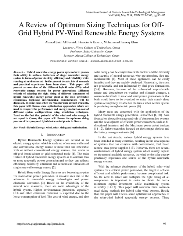 (PDF) A Review of Optimum Sizing Techniques for Off-Grid Hybrid PV-Wind ...