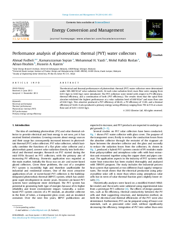 (PDF) Performance analysis of photovoltaic thermal (PVT) water collectors