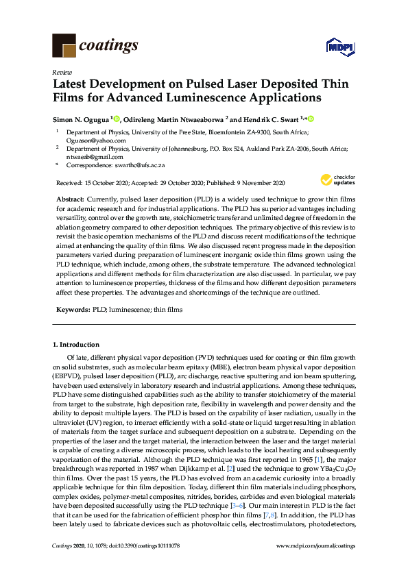 (PDF) Latest Development on Pulsed Laser Deposited Thin Films for ...