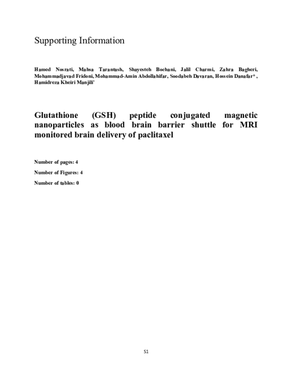 PDF) Glutathione (GSH) Peptide Conjugated Magnetic Nanoparticles As BloodBrain  Barrier Shuttle for MRI-Monitored Brain Delivery of Paclitaxel