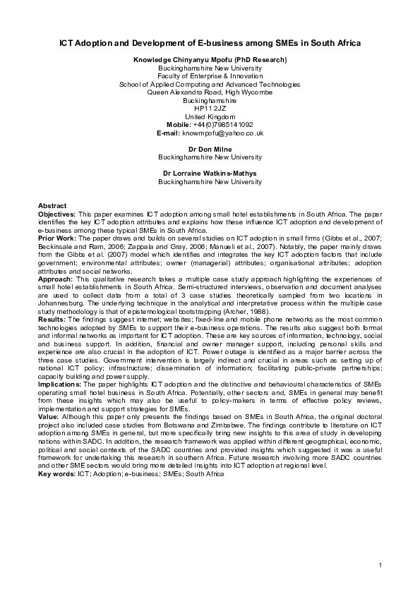 (PDF) ICT adoption and development of e-business among SMEs in South Africa