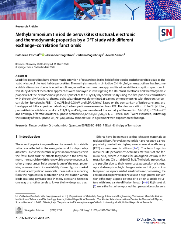 (PDF) Methylammonium tin iodide perovskite structural, electronic and
