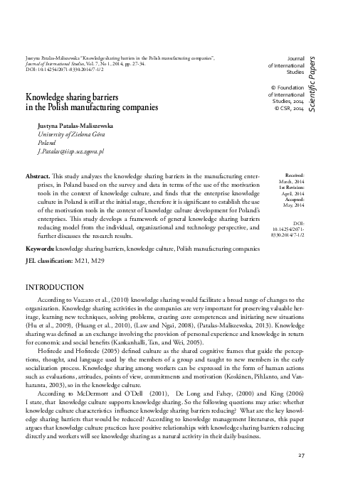 (PDF) Knowledge sharing barriers in the Polish manufacturing companies