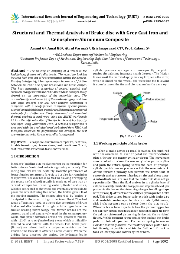 (PDF) Structural and Thermal Analysis of Brake disc with Grey Cast Iron ...