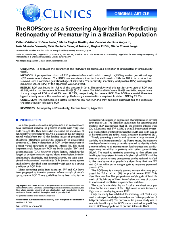 (PDF) The ROPScore as a Screening Algorithm for Predicting Retinopathy ...