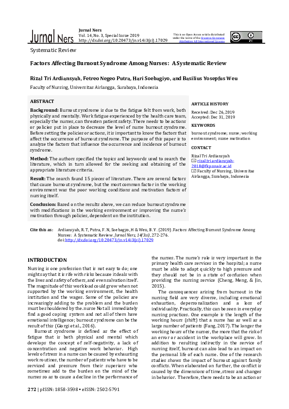 (PDF) Factors Affecting Burnout Syndrome Among Nurses: A Systematic Review