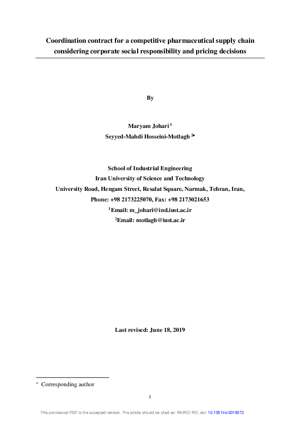 (PDF) Coordination contract for a competitive pharmaceutical supply ...