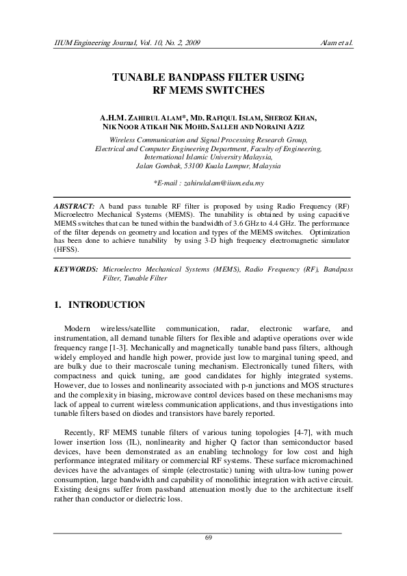 (PDF) Tunable Bandpass Filter Using RF Mems Switches