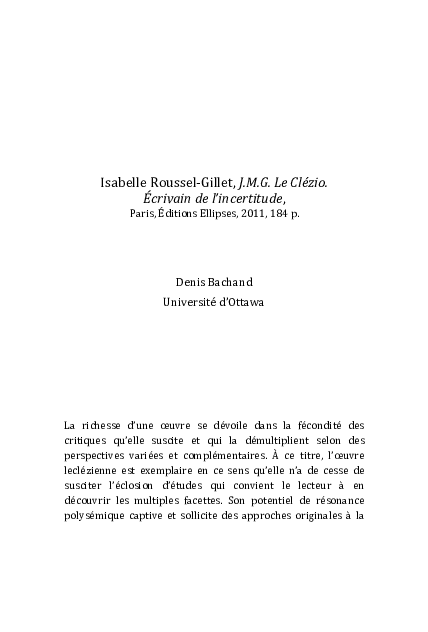 (PDF) Isabelle Roussel-Gillet, J.M.G. Le Clézio. Écrivain de l’incertitude