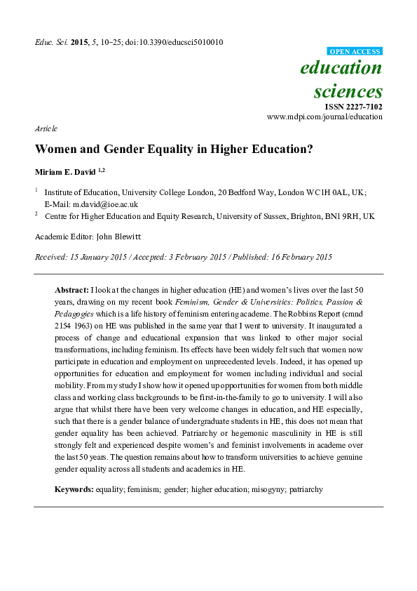 (PDF) Women and Gender Equality in Higher Education?