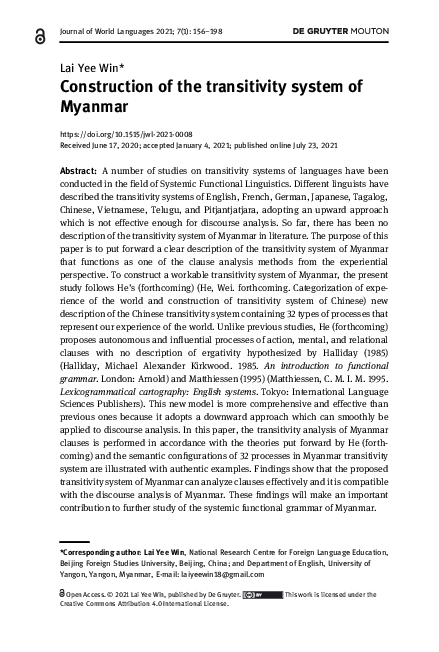 (PDF) Construction of the transitivity system of Myanmar