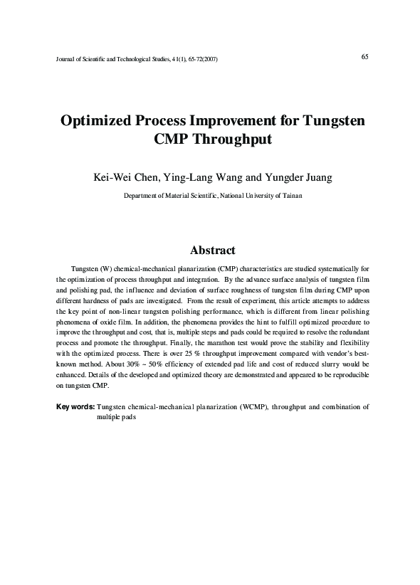 (PDF) Optimized Process Improvement for Tungsten CMP Throughput