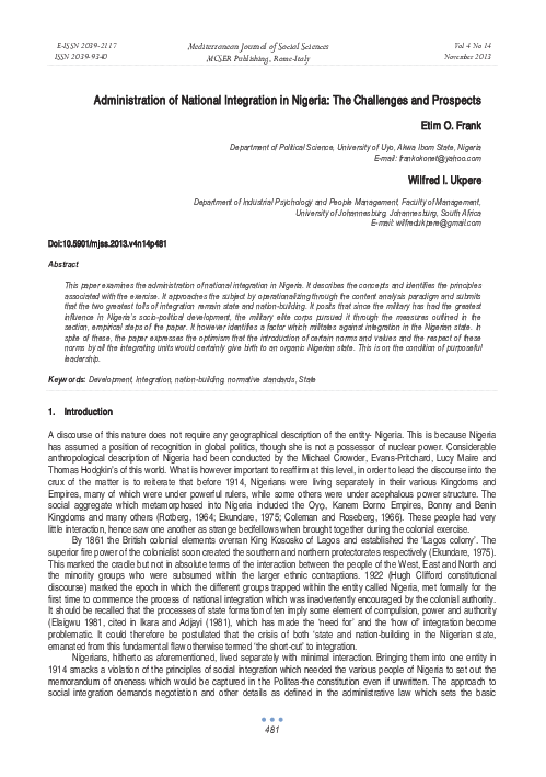 PDF Administration Of National Integration In Nigeria The Challenges 