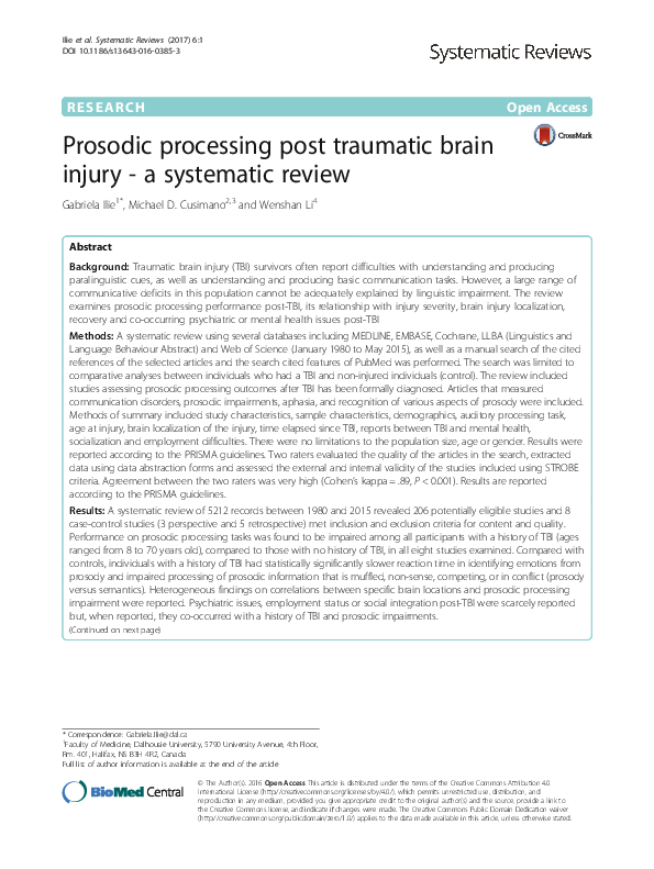 (PDF) Prosodic processing post traumatic brain injury - a systematic review