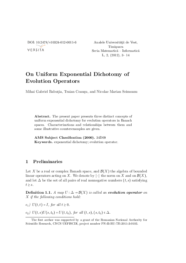 (PDF) On Uniform Exponential Dichotomy of Evolution Operators