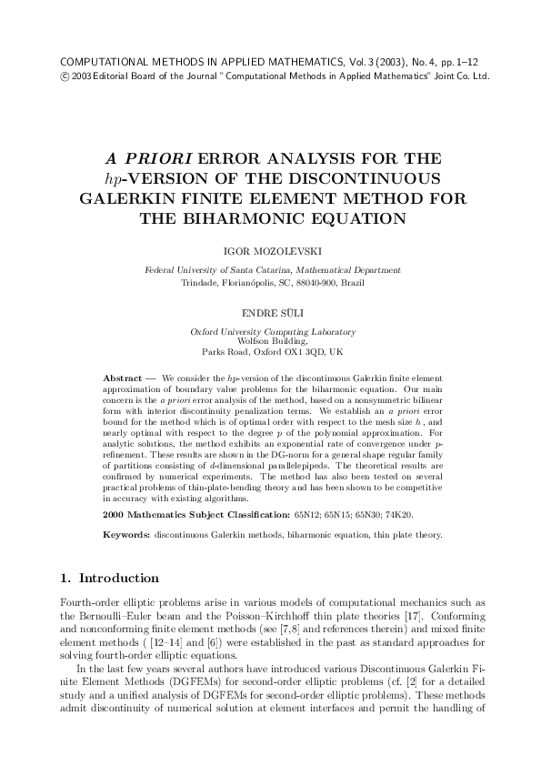 (PDF) A Priori Error Analysis For The Hp-Version Of The Discontinuous ...