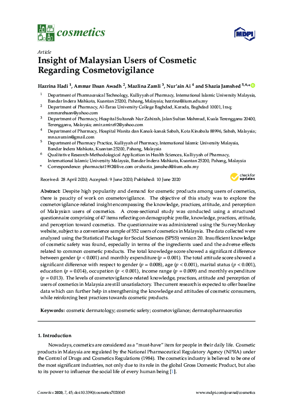 (PDF) Insight of Malaysian Users of Cosmetic Regarding Cosmetovigilance