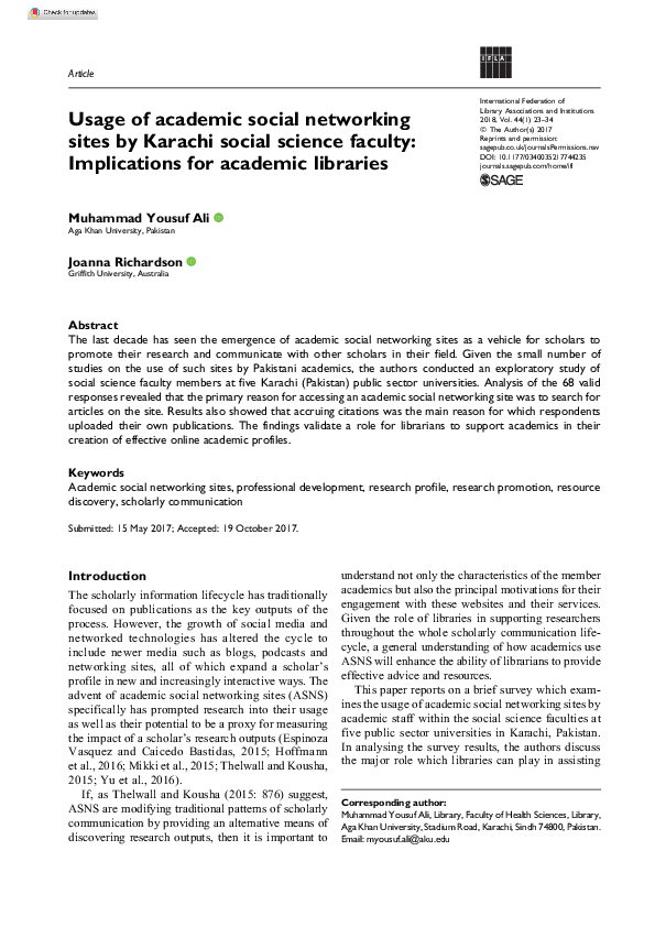 (PDF) Usage of academic social networking sites by Karachi social ...