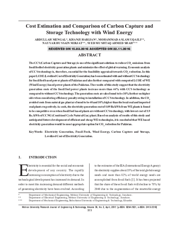 (PDF) Cost Estimation and Comparison of Carbon Capture and Storage ...