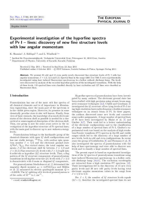 (PDF) Experimental investigation of the hyperfine spectra of Pr I ...
