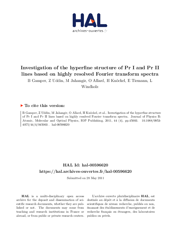 (PDF) Investigation of the hyperfine structure of Pr I and Pr II lines ...