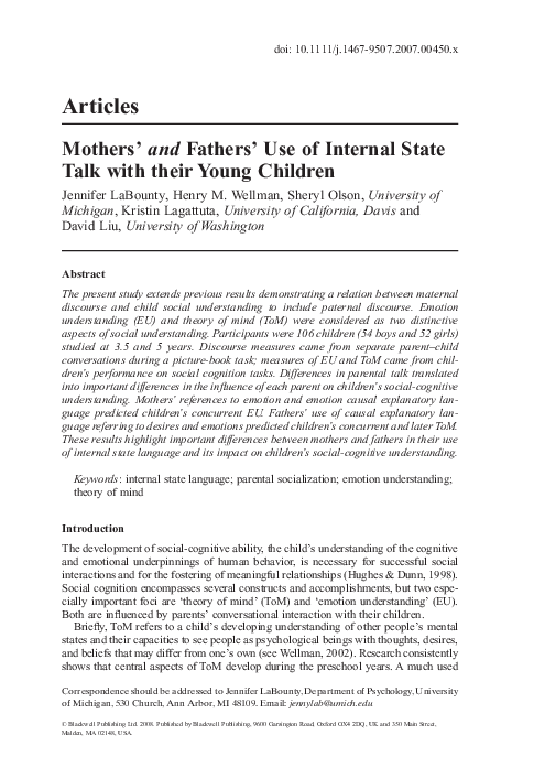 (PDF) Mothers' and Fathers' Use of Internal State Talk with their Young ...