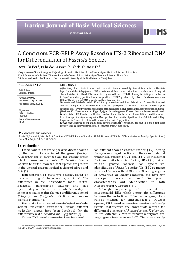 (PDF) A Consistent PCR-RFLP Assay Based on ITS-2 Ribosomal DNA for ...