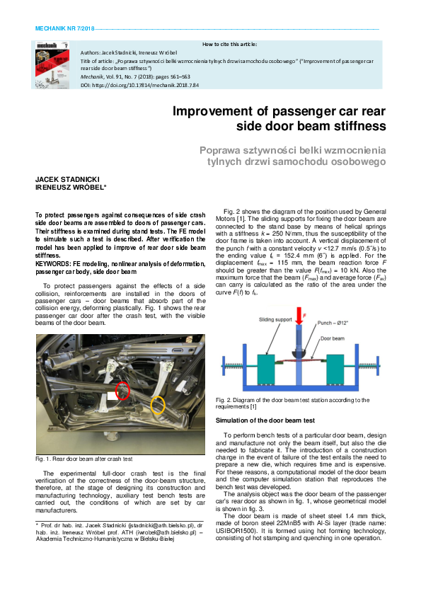 (PDF) Improvement of passenger car rear side door beam stiffness