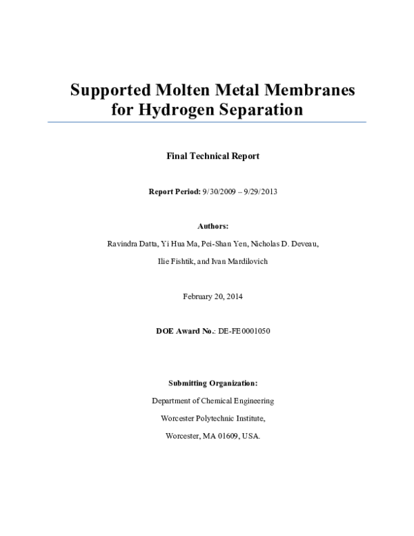 (PDF) Supported Molten Metal Membranes for Hydrogen Separation