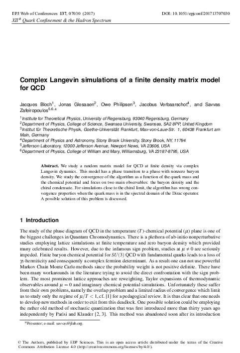 (PDF) Complex Langevin simulations of a finite density matrix model for QCD