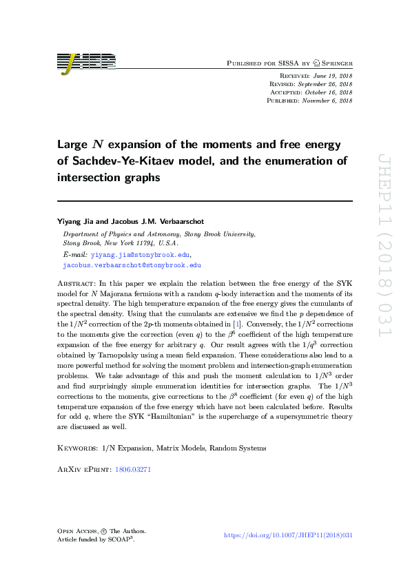 (PDF) Large N expansion of the moments and free energy of Sachdev-Ye ...