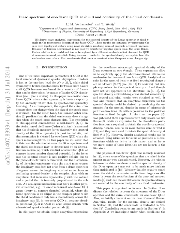 (PDF) Dirac spectrum of one-flavor QCD atθ=0and continuity of the ...