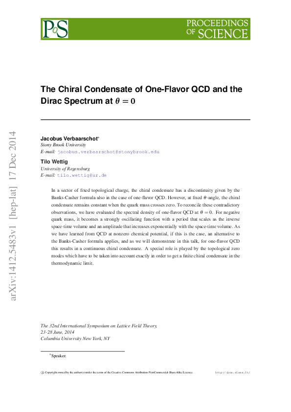 (PDF) The Chiral Condensate of One-Flavor QCD and the Dirac Spectrum at ...