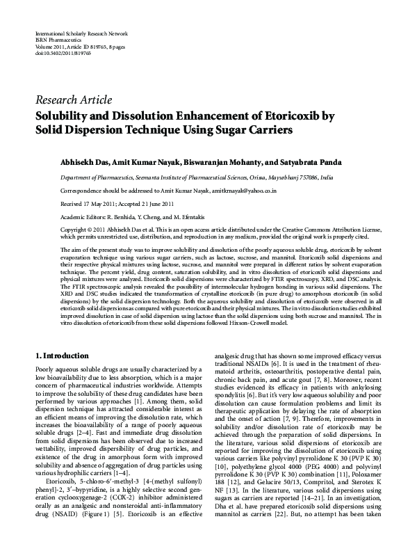 (PDF) Solubility and Dissolution Enhancement of Etoricoxib by Solid ...