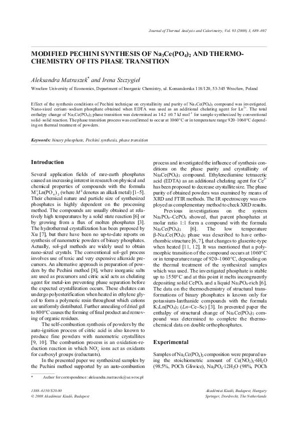 (PDF) Modified Pechini synthesis of Na3Ce(PO4)2 and thermochemistry of ...