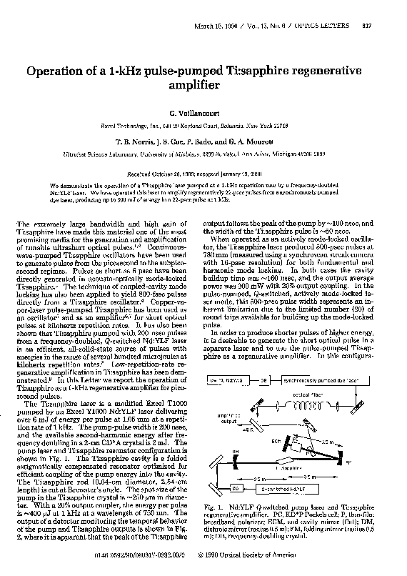 (PDF) Operation of a 1-kHz pulse-pumped Ti:sapphire regenerative amplifier
