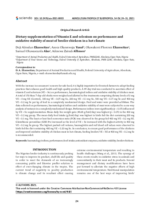 (PDF) Dietary supplementation of Vitamin E and selenium on performance ...