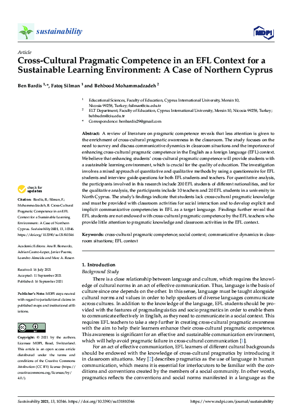 (PDF) Cross-Cultural Pragmatic Competence in an EFL Context for a ...