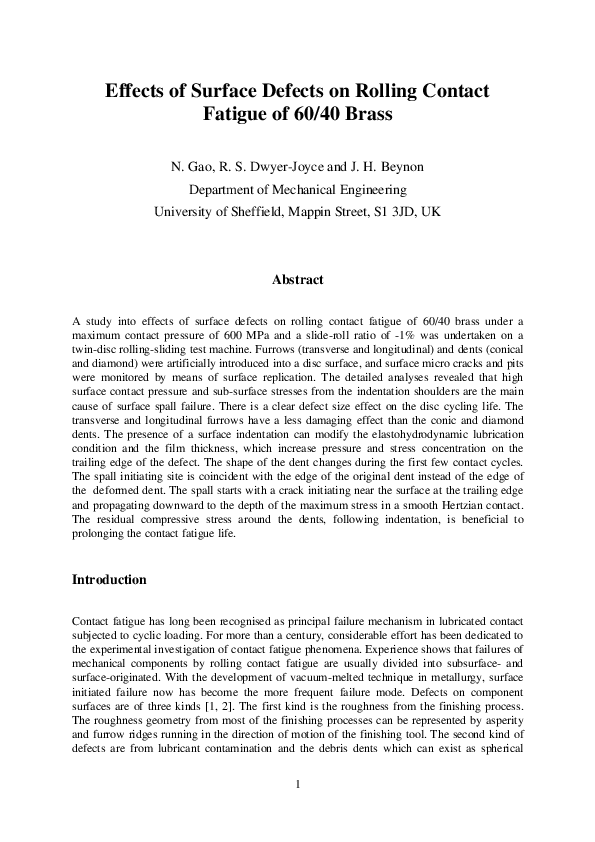 (PDF) Effects of surface defects on rolling contact fatigue of heavily ...
