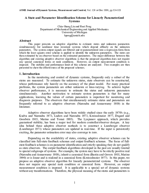 (PDF) A state and parameter identification scheme for linearly ...