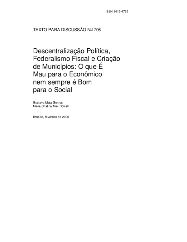 (PDF) Descentralização política, federalismo fiscal e