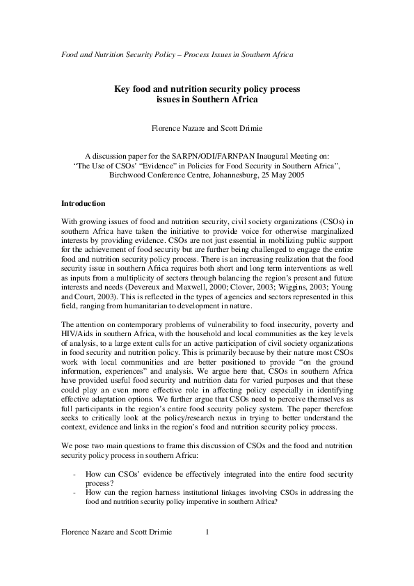 (PDF) Key food and nutrition security policy process issues in Southern ...
