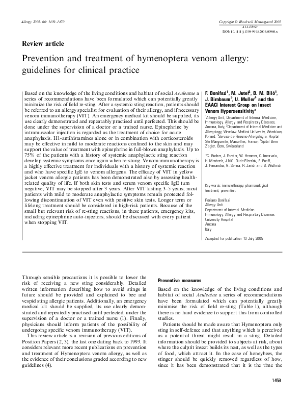 (PDF) Prevention and treatment of hymenoptera venom allergy: guidelines ...
