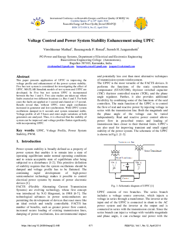 (PDF) Voltage Control and Power System Stability Enhancement using UPFC