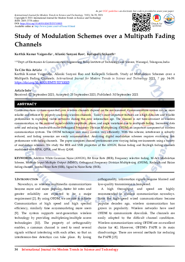 PDF) Study of Modulation Schemes over a Multipath Fading Channels 