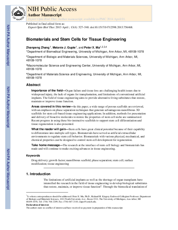 (PDF) Biomaterials and stem cells for tissue engineering
