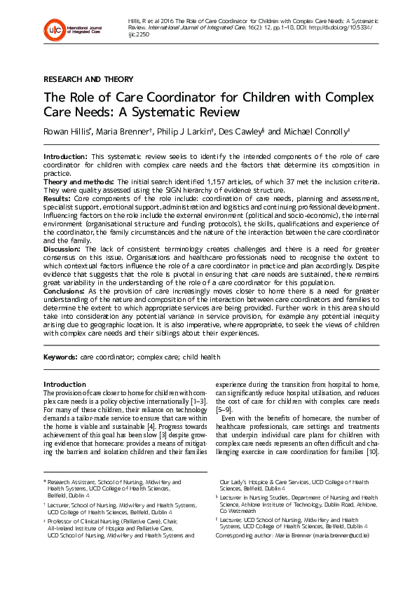 (PDF) The Role of Care Coordinator for Children with Complex Care Needs ...