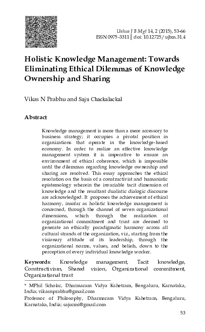 (PDF) Holistic Knowledge Management: Towards Eliminating Ethical ...