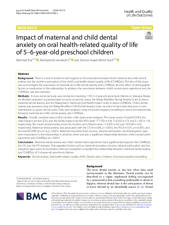 (PDF) Impact of maternal and child dental anxiety on oral health ...